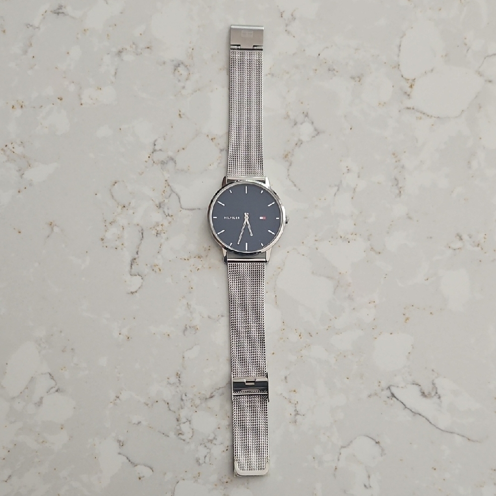 Tommy Hilfiger Silver Mesh Strap Watch with Blue Dial